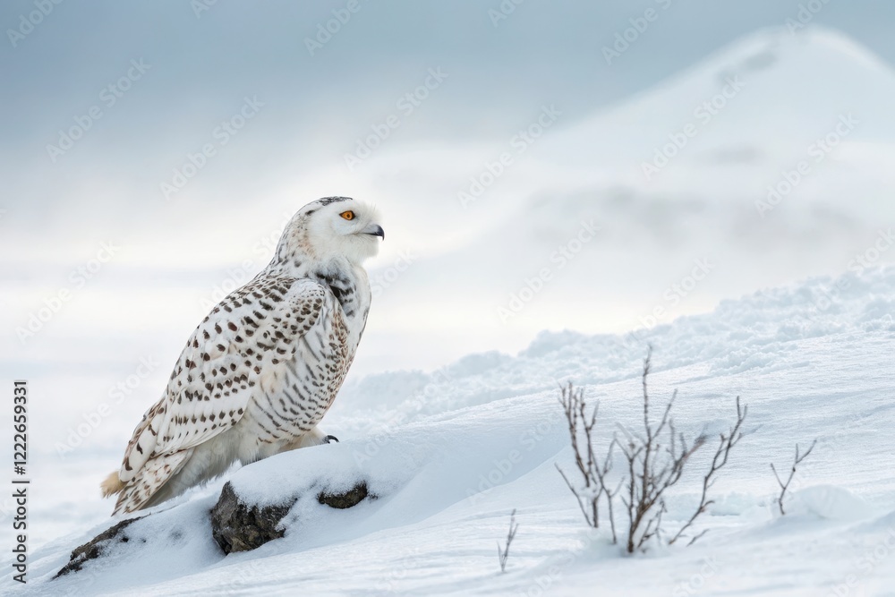 Fototapeta premium Majestic Snowy Owl Perched on a Snowy Rock in a Winter Wonderland