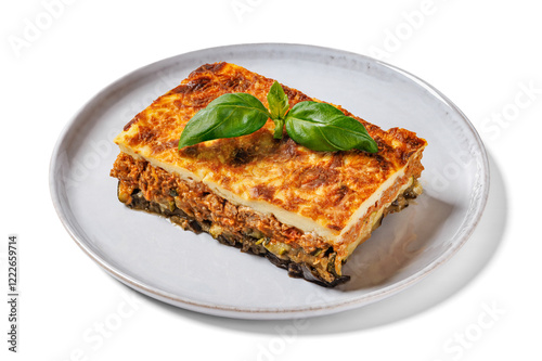 Moussaka, greek beef and eggplant dish, top view