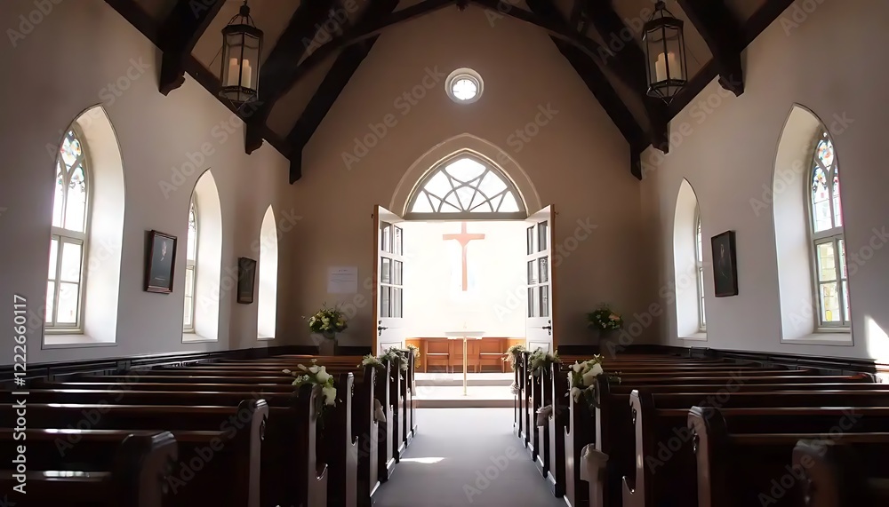 Fototapeta premium Tranquil Church Interior Awaiting A Ceremony