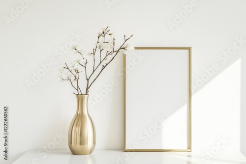 Elegant gold frame prominently displayed with a blank canvas beside a sleek vase holding delicate branches in a softly illuminated interior