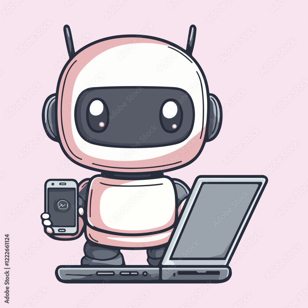 Naklejka premium Robot with a laptop Vector illustration