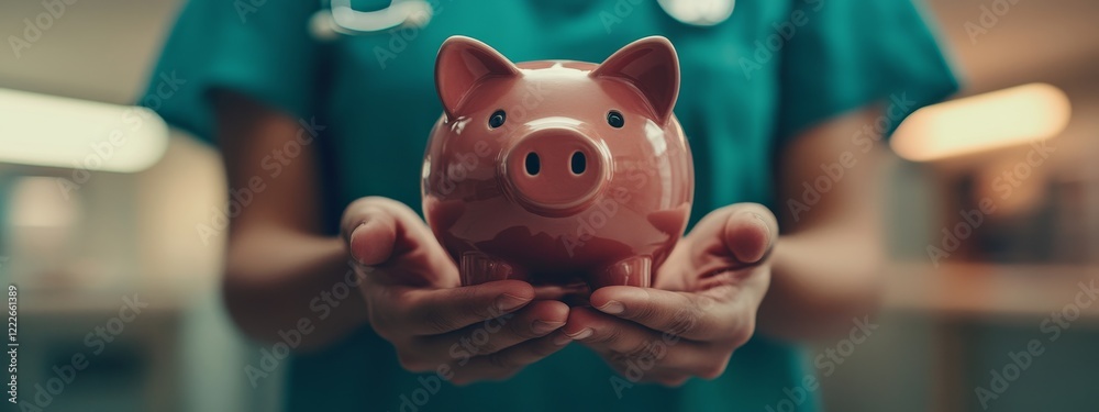 A Medical Doctor Holding a Piggy Bank in Their Hands, Close-Up Shot, Set Against a Hospital Office Background, Representing Healthcare Savings and Financial Management. A Medical Doctor Holding a Piggy Bank in Their Hands, Close-Up Shot, Set Against a Hospital Office Background, Representing Healthcare Savings and Financial Management.