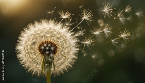 Close-up of a dandelion seed head releasing seeds into the wind.