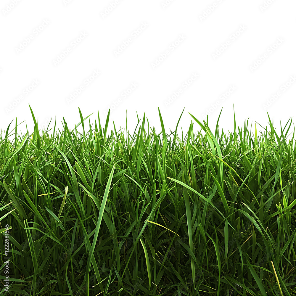 Fototapeta premium Lush green grass field realistic landscape cutout, isolated on white background 