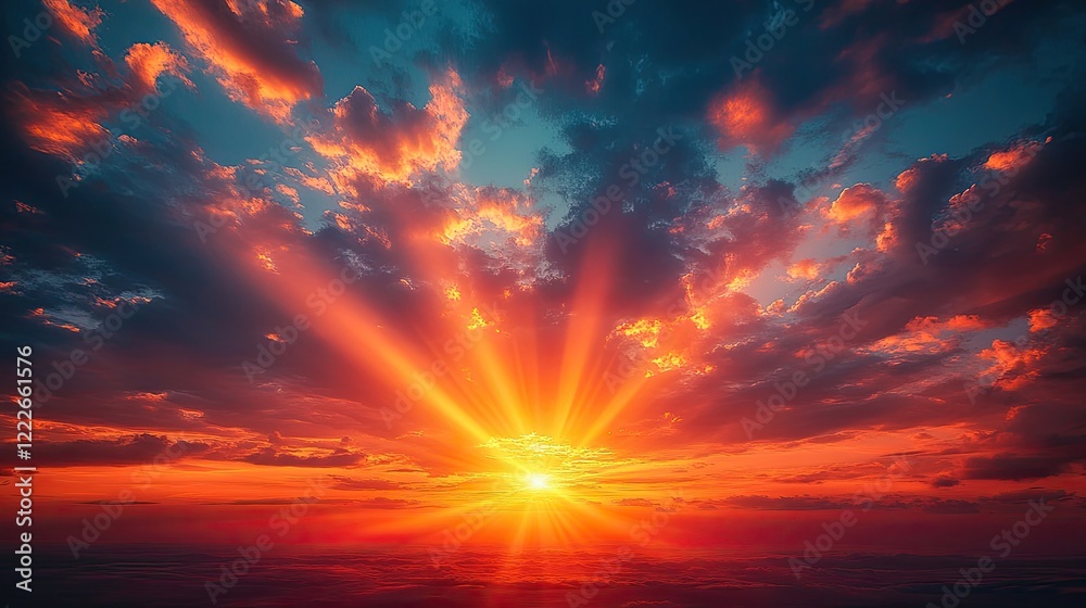 Fototapeta premium A serene sunrise scene featuring vibrant rays of sunlight radiating from the horizon,
