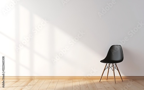 A photorealistic depiction of a Scandinavian home office, featuring an empty wall, dining table, and chair near the kitchen