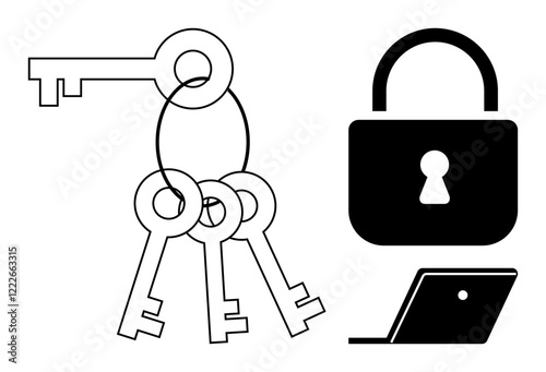 A set of keys on a ring beside a padlock and a laptop, signifying access control, cybersecurity, and data safety. Ideal for security, protection, privacy, encryption, technology safeguarding