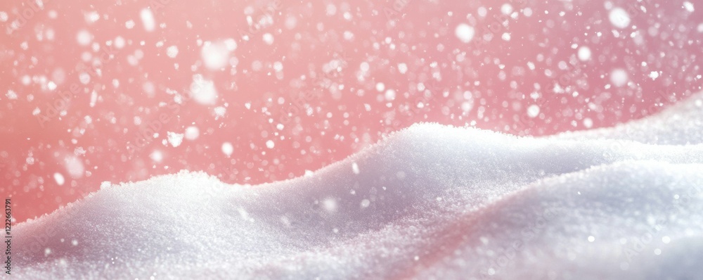 Fototapeta premium Serene pink-lit snowfall on winter landscape with gentle snowflakes