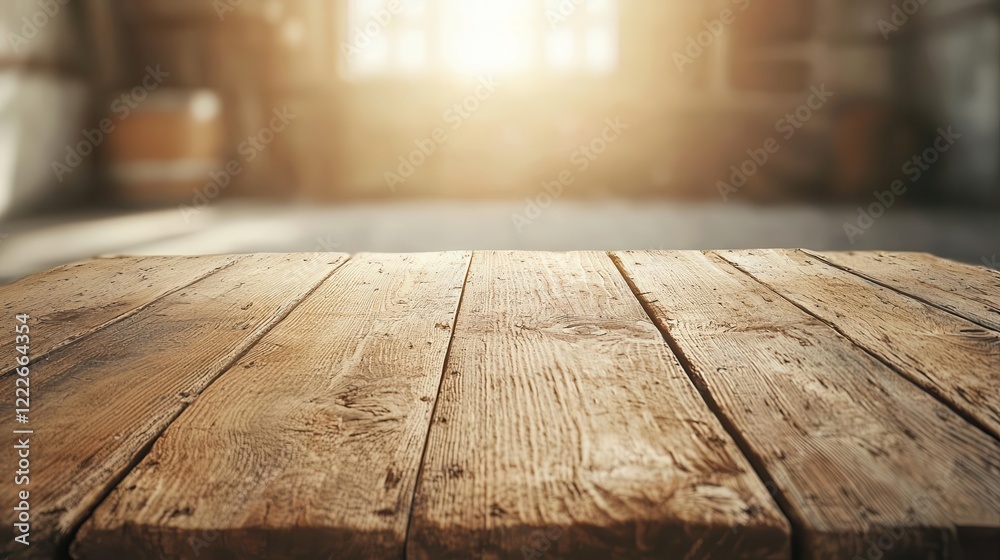 Rustic table with visible nail marks, glowing barn bokeh, countryside simplicity and authenticity Rustic table with visible nail marks, glowing barn bokeh, countryside simplicity and authenticity