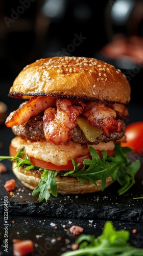 Wallpaper Mural A delicious burger stacked with shrimp, beef patty, lettuce, tomatoes, and a sesame seed bun. Torontodigital.ca