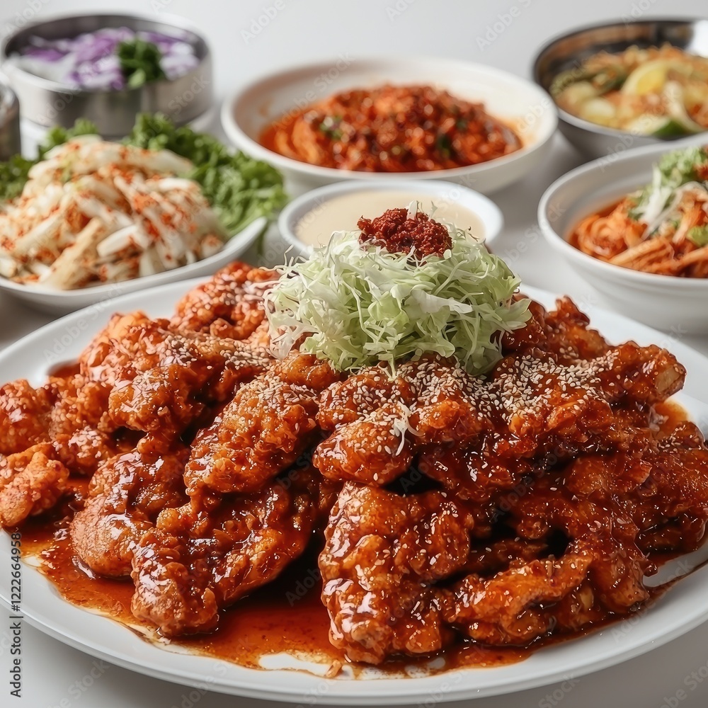 Spicy fried chicken feast, family meal, Asian cuisine, restaurant table, delicious food Spicy fried chicken feast, family meal, Asian cuisine, restaurant table, delicious food