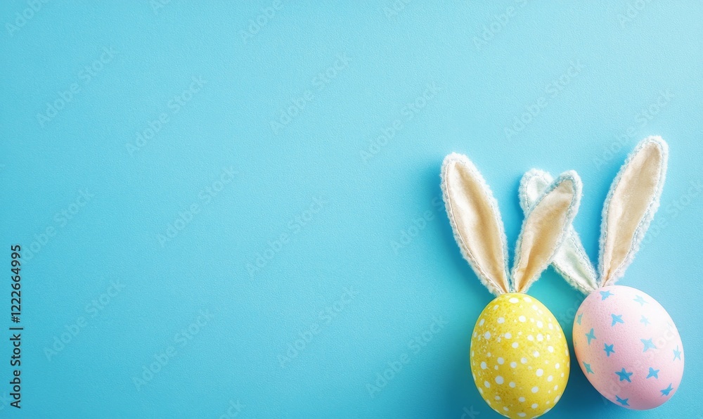 Easter party concept. Top view photo of easter bunny ears white pink blue and yellow eggs on isolated pastel blue background Easter party concept. Top view photo of easter bunny ears white pink blue and yellow eggs on isolated pastel blue background