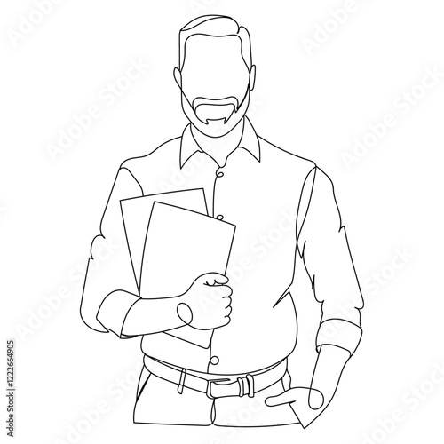 Dessin en ligne continu d'un homme en chemise portant des documents, métier de l'enseignement, présentation commerciale, administration, line art, vecteur