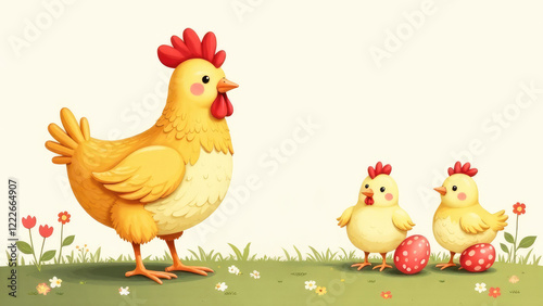 Watercolor illustration of an adorable hen with little chickens on grass on white background. Farm animals. Elements for design, printing, decoration, postcards