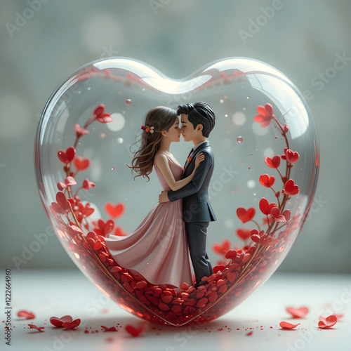 Valentine's Day scene - Toy figurines of a young couple inside a glass heart.