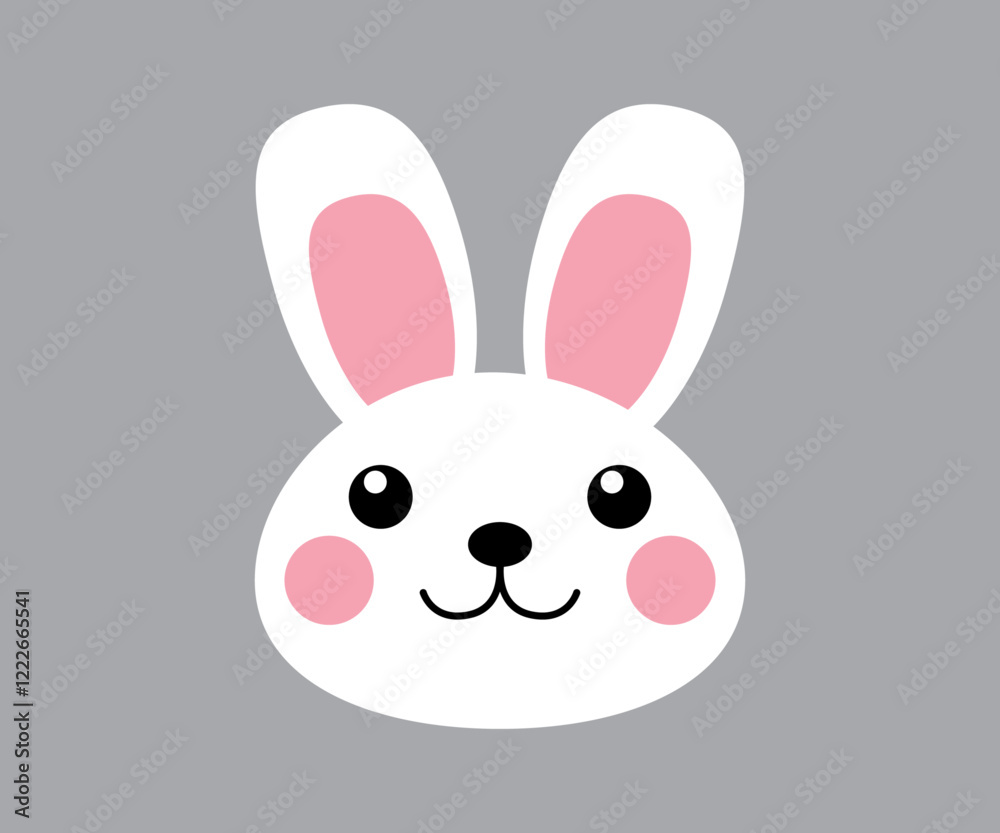 Minimalist bunny face kawaii illustration. Rabbit smiling head character, animal avatar icon, sticker on a gray background. Minimalist bunny face kawaii illustration. Rabbit smiling head character, animal avatar icon, sticker on a gray background.