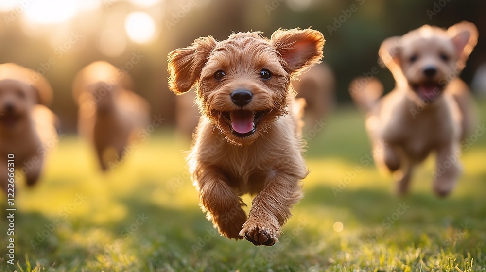Playful Puppies Running on Grassy Field Playful Puppies Running on Grassy Field