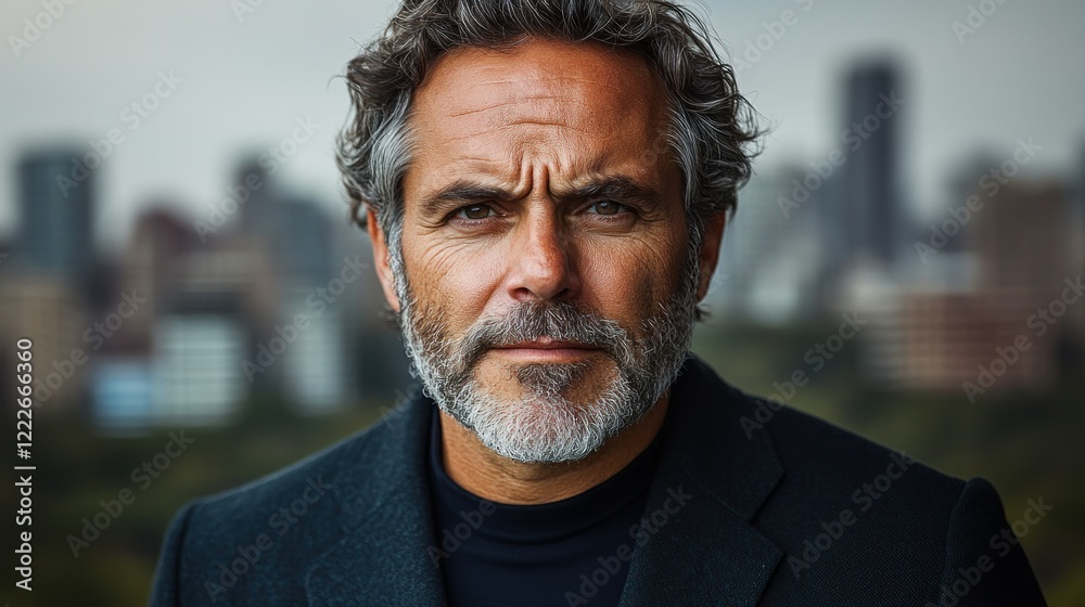 Obraz premium Portrait of a Man, Serious Expression, Cityscape Background