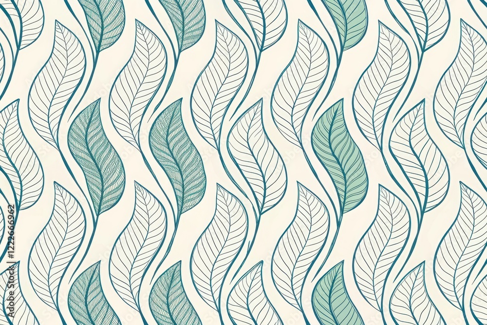 Seamless Pattern of Elegant Teal and Green Leaves with a Wavy Design Ideal for Fabric, Wallpaper, or Wrapping Paper Seamless Pattern of Elegant Teal and Green Leaves with a Wavy Design Ideal for Fabric, Wallpaper, or Wrapping Paper