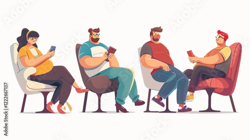Modern Sedentary Lifestyle Concept. Lazy People Sitting and Resting on Seat. Health and Wellness.