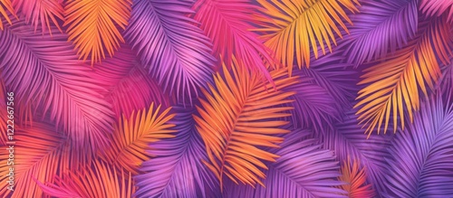 Vibrant tropical seamless pattern with pink, orange, and purple palm leaves arranged in various designs for a lively natural aesthetic