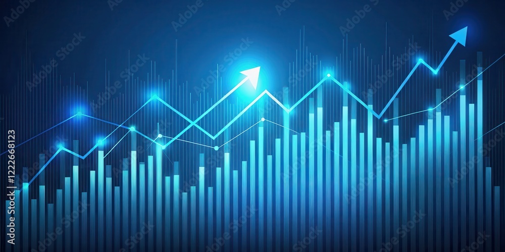 A stylized abstract financial graph with an uptrend line and arrows in stock market against a blue background , arrow indicators, uptrend
