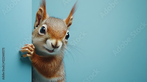 Surprised squirrel peeks around a corner, set against a vibrant blue backdrop, designed using advanced Generative AI technology for a playful and curious scene. 