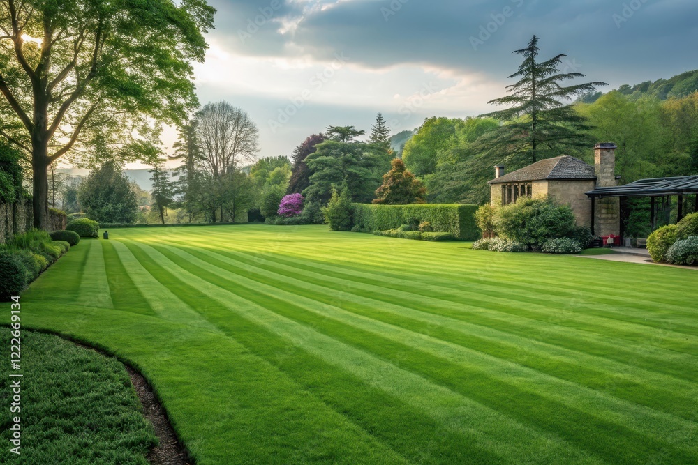 Fototapeta premium Serene landscape with meticulously manicured lawn stripes, showcasing a quaint stone cottage nestled amongst lush greenery and mature trees under a partly cloudy sky