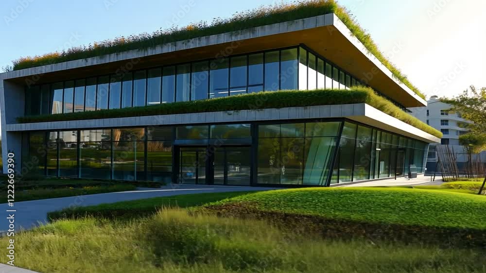 Modern eco-friendly building with green roof and glass facade surrounded by lush landscaping Modern eco-friendly building with green roof and glass facade surrounded by lush landscaping