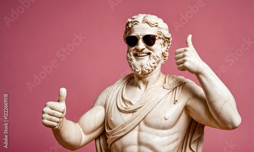 A marble statue of the Greek god of stoicism, smiling and wearing red sunglasses while giving a thumbs up