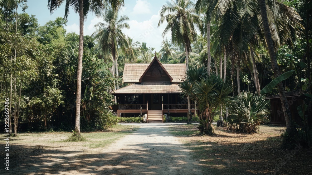 Serene Rustic Rural Home with Curved Roof Apex and Coconut Trees - Ultra-Detailed Thai Architecture Cinematic Image Serene Rustic Rural Home with Curved Roof Apex and Coconut Trees - Ultra-Detailed Thai Architecture Cinematic Image