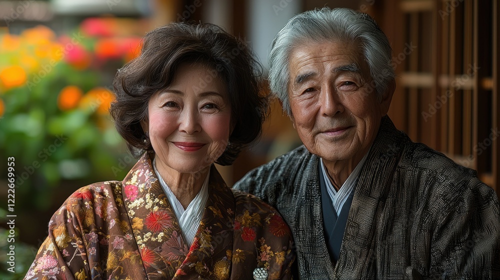 Elderly Japanese Couple Wearing Traditional Kimonos Elderly Japanese Couple Wearing Traditional Kimonos