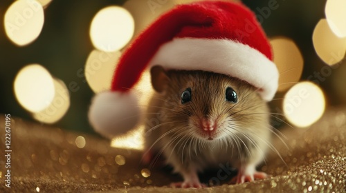 Santa hat on a mouse. Cute and festive scene. Highlighting holiday charm and pets. Ideal for Christmas-themed pet decorations. photo