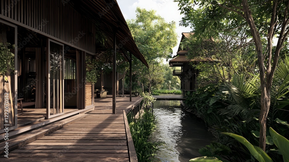 Serene Canal-Side Oasis: Traditional Thai Architecture on Wooden Veranda Overlooking Waterway Serene Canal-Side Oasis: Traditional Thai Architecture on Wooden Veranda Overlooking Waterway