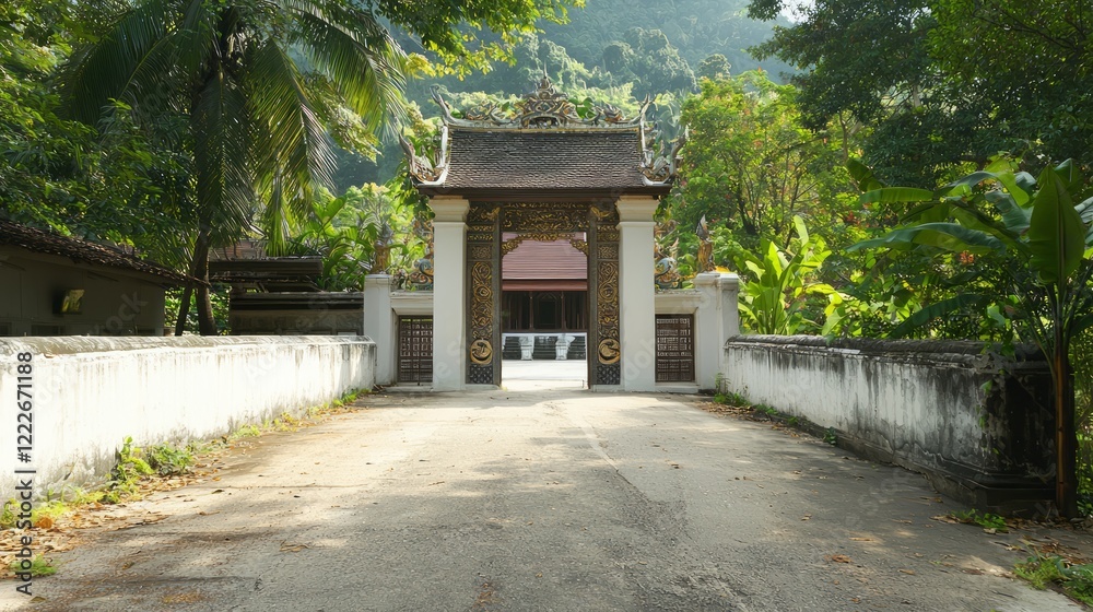 Majestic Traditional Thai Gate with Ornate Peak Crown and Whitewashed Walls in Cinematic Setting Majestic Traditional Thai Gate with Ornate Peak Crown and Whitewashed Walls in Cinematic Setting