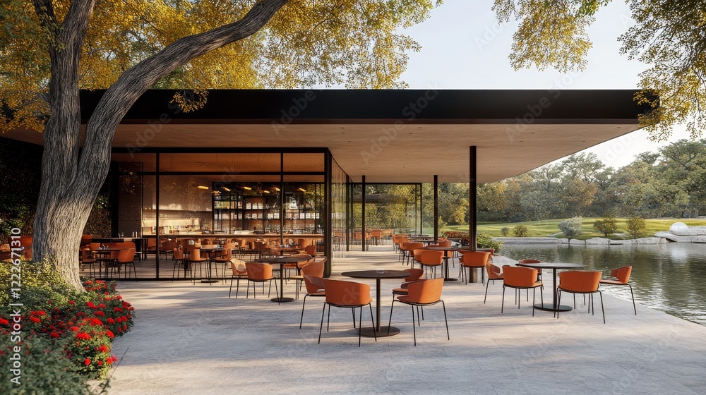 Obraz premium A Tranquil Outdoor Courtyard with Tables and Chairs, Surrounded by Lush Green Trees and Vibrant Flowers, Bathed in Natural Light, Creating a Warm and Inviting Atmosphere for Business and Meetings.