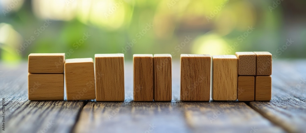 Wooden building blocks evenly aligned with natural textures on a rustic wooden surface featuring soft green blurred background for commitment theme Wooden building blocks evenly aligned with natural textures on a rustic wooden surface featuring soft green blurred background for commitment theme