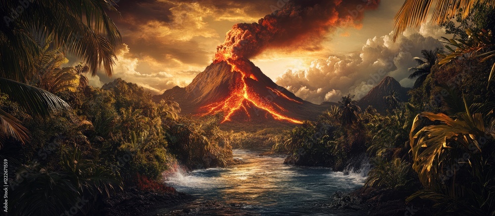 Naklejka premium Dramatic volcanic eruption with fiery lava against a backdrop of lush green foliage and a flowing river under a vibrant sunset sky
