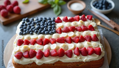 Festive fruit flag cake with berries and cream, red white and blue, Independence Day celebration