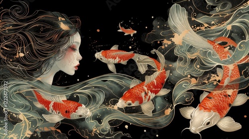 Mythical creatures. art nouveau 2d style image of A siren and koi fish photo