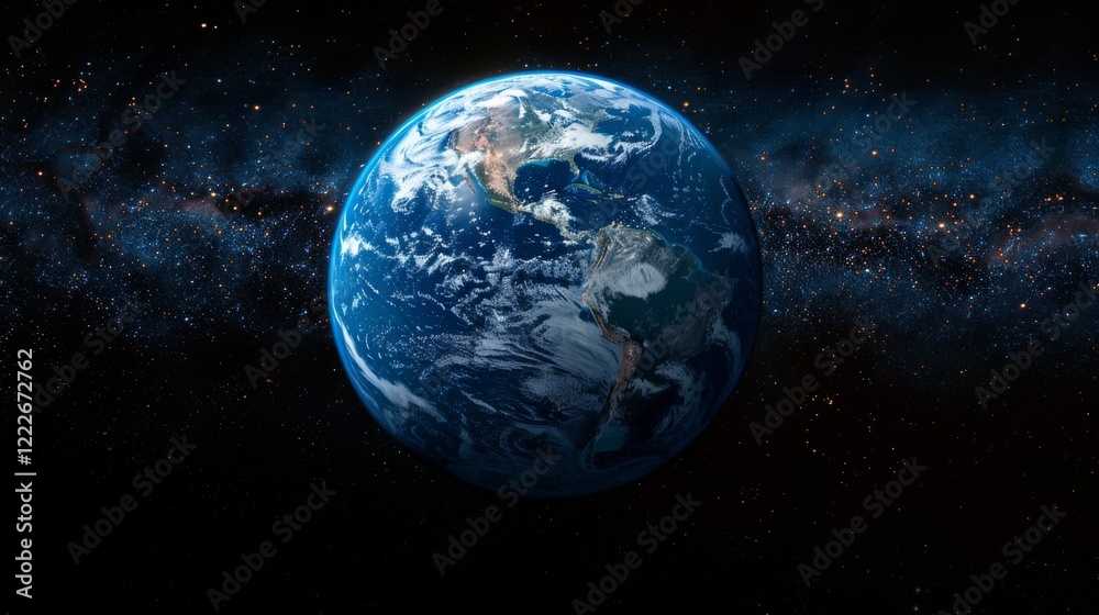 Obraz premium A photorealistic image of a small blue marble representing Earth suspended in the vastness of space, emphasizing the planet's fragility and our place within the cosmos.