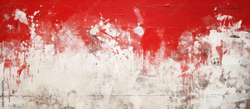 Fototapeta premium Torn weathered urban poster backdrop featuring a mix of white and vibrant red splashes with a scratched texture highlighting an aged aesthetic