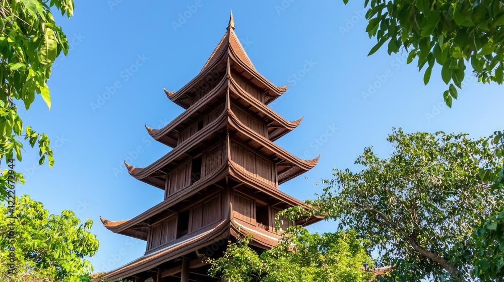 Majestic Thai Watchtower: Cinematic Shot of Intricately Designed Wooden Structure with Multi-Tier Roofing Majestic Thai Watchtower: Cinematic Shot of Intricately Designed Wooden Structure with Multi-Tier Roofing