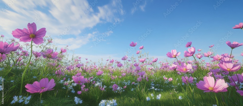 Vibrant pink cosmos flowers sway in a lush green field under a clear blue sky with soft clouds creating a serene garden atmosphere Vibrant pink cosmos flowers sway in a lush green field under a clear blue sky with soft clouds creating a serene garden atmosphere