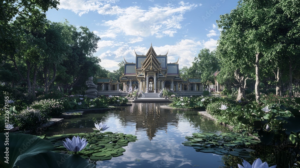 Tranquil Reflections: Symmetrical Thai Building with Lotus Blooms at Shallow Pond - Ultra-Detailed Cinematic Image Tranquil Reflections: Symmetrical Thai Building with Lotus Blooms at Shallow Pond - Ultra-Detailed Cinematic Image