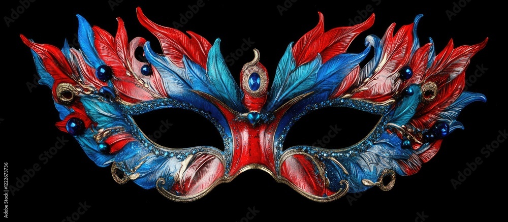Naklejka premium Elaborate Mardi Gras Venetian mask in vibrant red and blue with intricate feather details set against a black background showcasing festive artistic flair