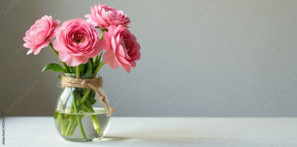 Fototapeta premium Delicate pink ranunculus stems wrapped in brown twine, spring, natural, vase