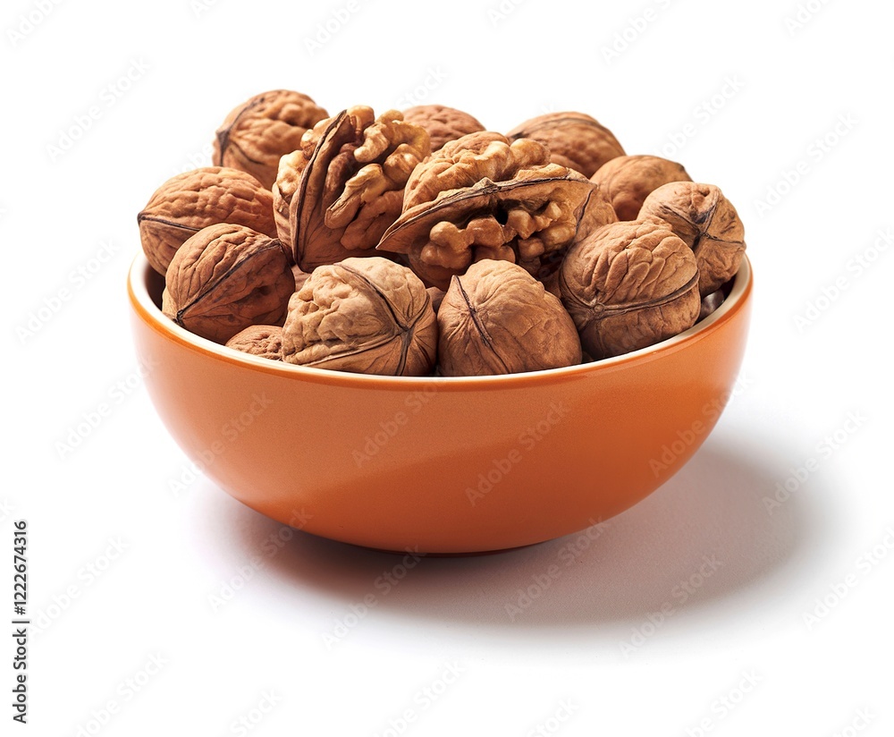 pile of walnuts lying in an orange bowl on a white background pile of walnuts lying in an orange bowl on a white background