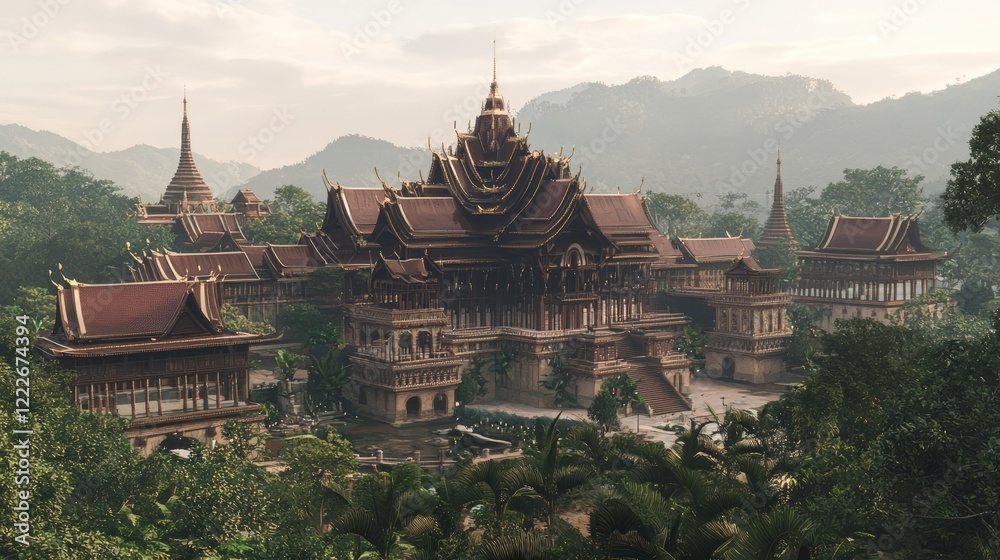 Enchanting Thai Palace with Sloping Red Roofs and Gilded Spires - Ultra-Detailed Cinematic Image of Majestic Compound Enchanting Thai Palace with Sloping Red Roofs and Gilded Spires - Ultra-Detailed Cinematic Image of Majestic Compound