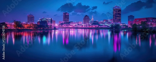 Vibrant nightscape of des moines skyline reflection in river